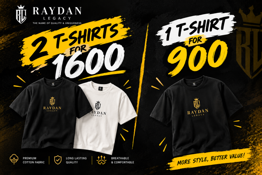 Double the Style Offer – 2 T-Shirts for Rs. 1,600 | RAYDAN LEGACY 🔥